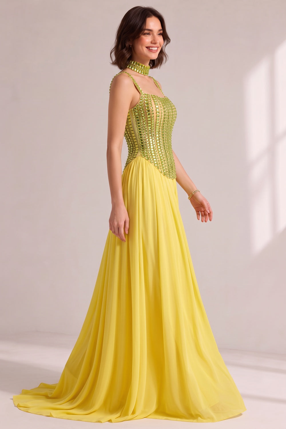 Lime Green Rhinestone Spaghetti Strap Choker Neck Pleated Chiffon Train Evening Gown - OWNCI Lime Green Rhinestone Spaghetti Strap Choker Neck Pleated Chiffon Train Evening Gown - OWNCI