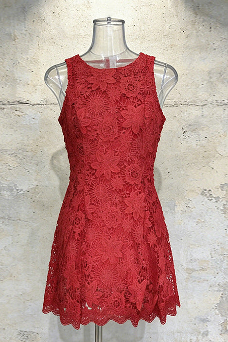 Red Guipure Lace Fit-and-Flare Dress - OWNCI