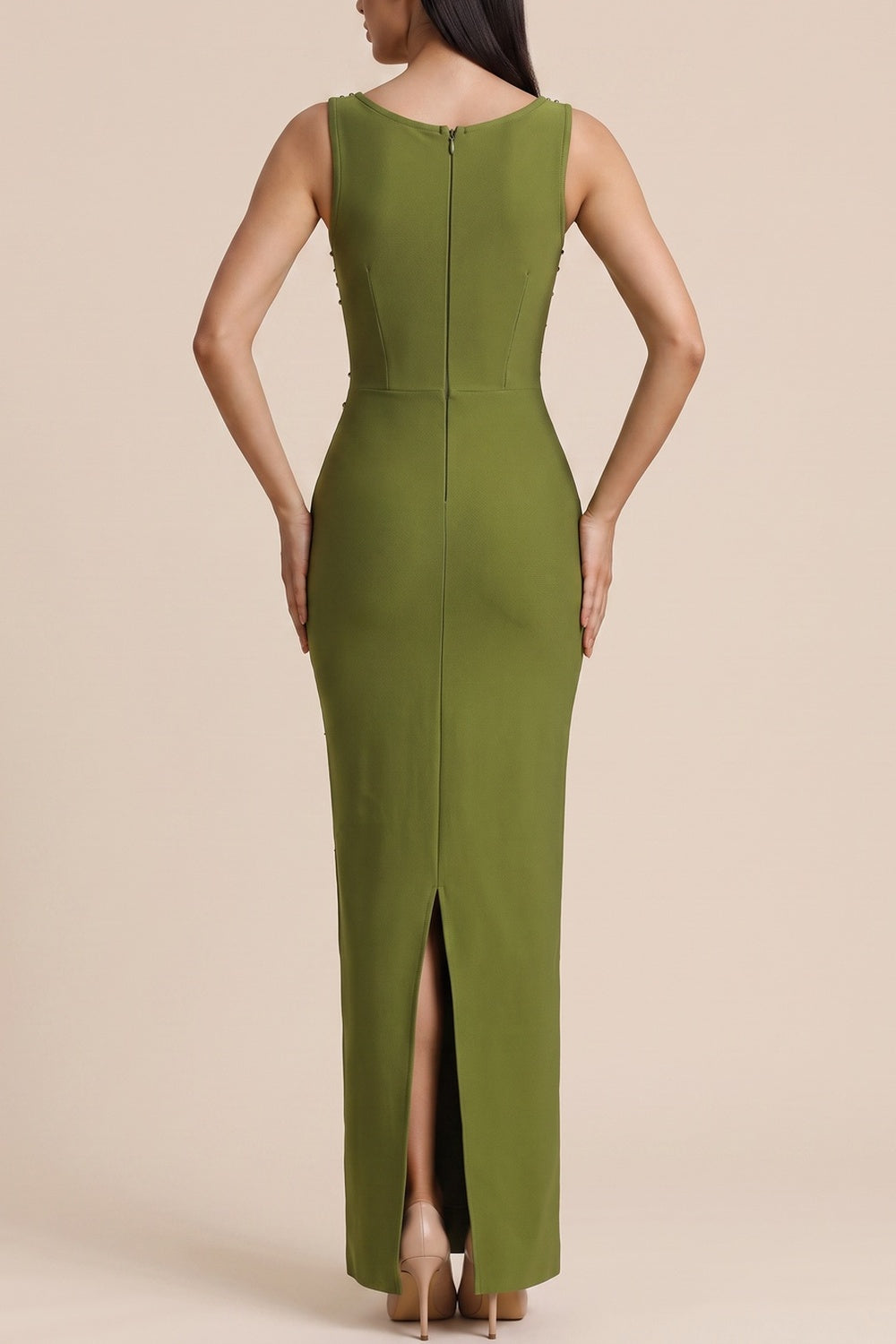 Square Neck Sleeveless Rhinestone Mermaid Maxi Dress - OWNCI
