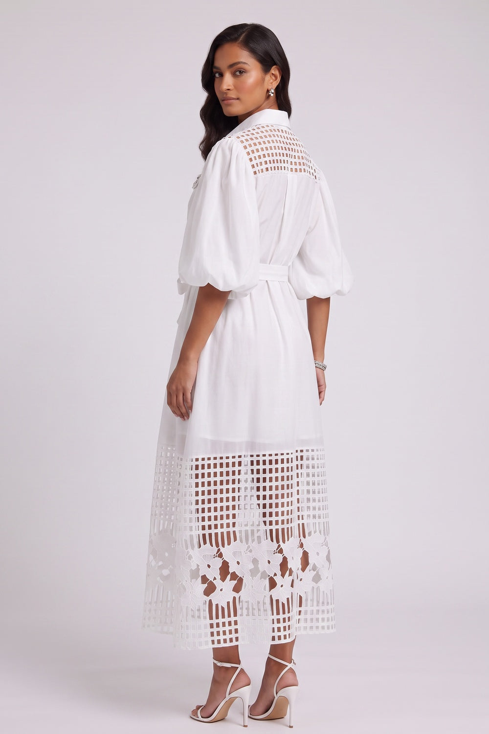White A-Line Shirt Dress with Lace Panels and Puff Sleeves - OWNCI White A-Line Shirt Dress with Lace Panels and Puff Sleeves - OWNCI