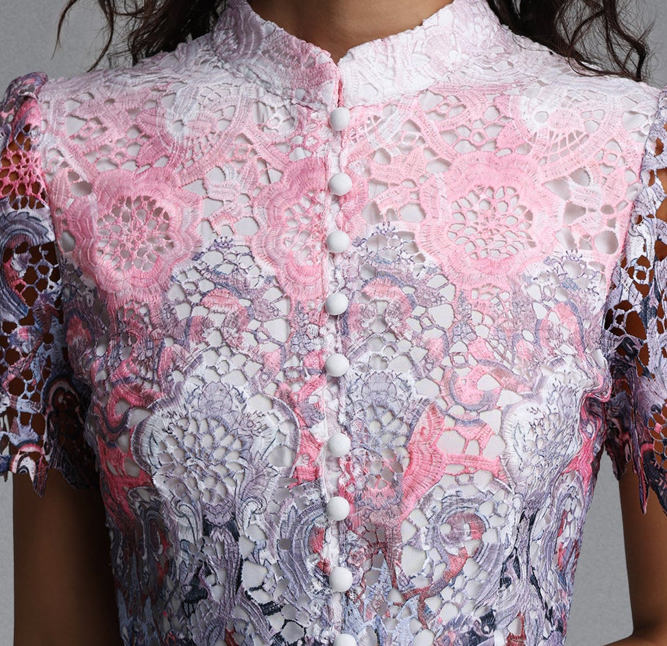 Ombre Gradient Floral Lace Stand Collar Short Puff Sleeve Pearl Button Rhinestone Belt A-Line Midi Dress - OWNCI