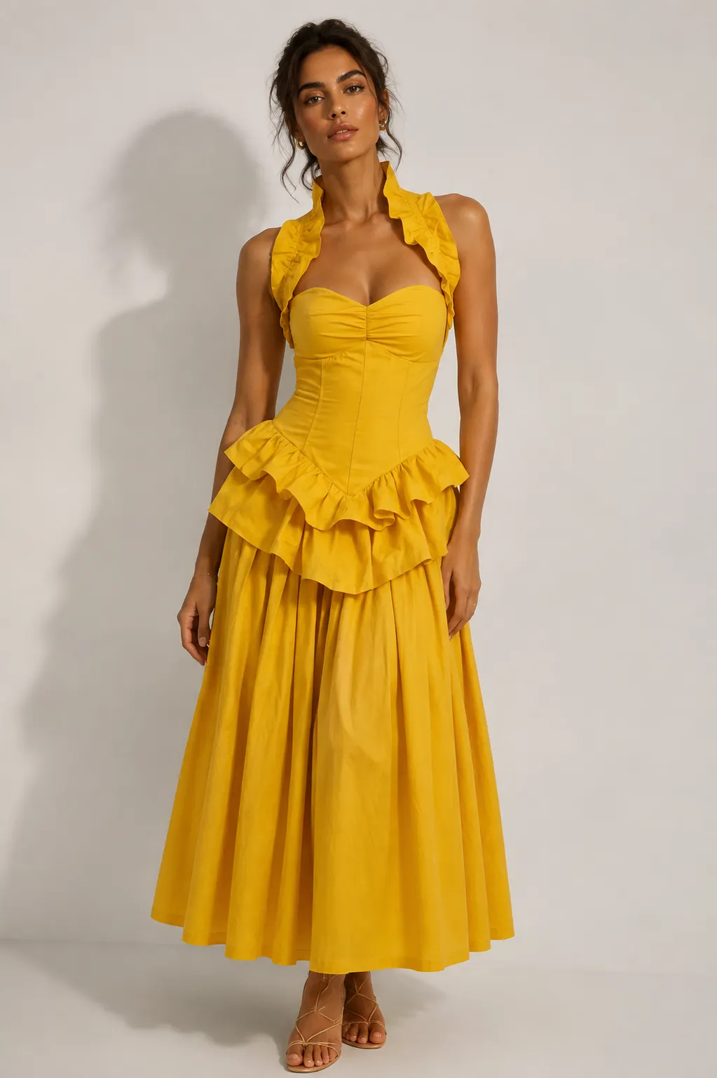 Yellow Ruffled Peplum Midi Dress - OWNCI