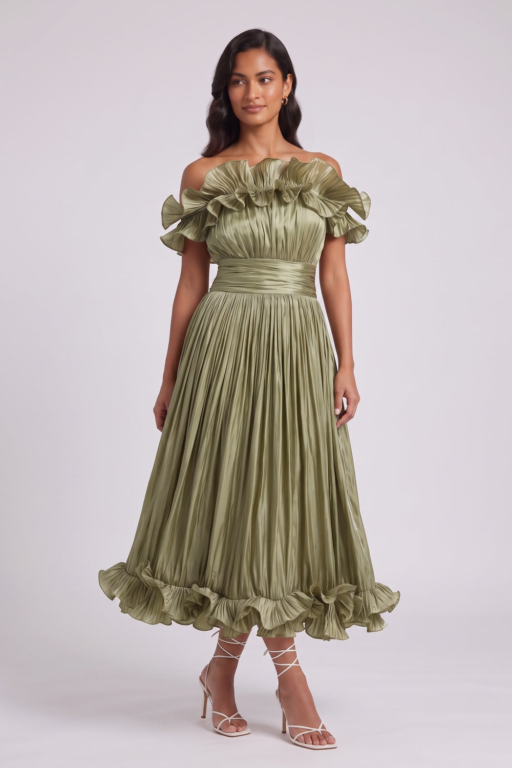 Olive Green Pleated Satin Or Taffeta Fit-And-Flare, Off-The-Shoulder Midi Dress - OWNCI