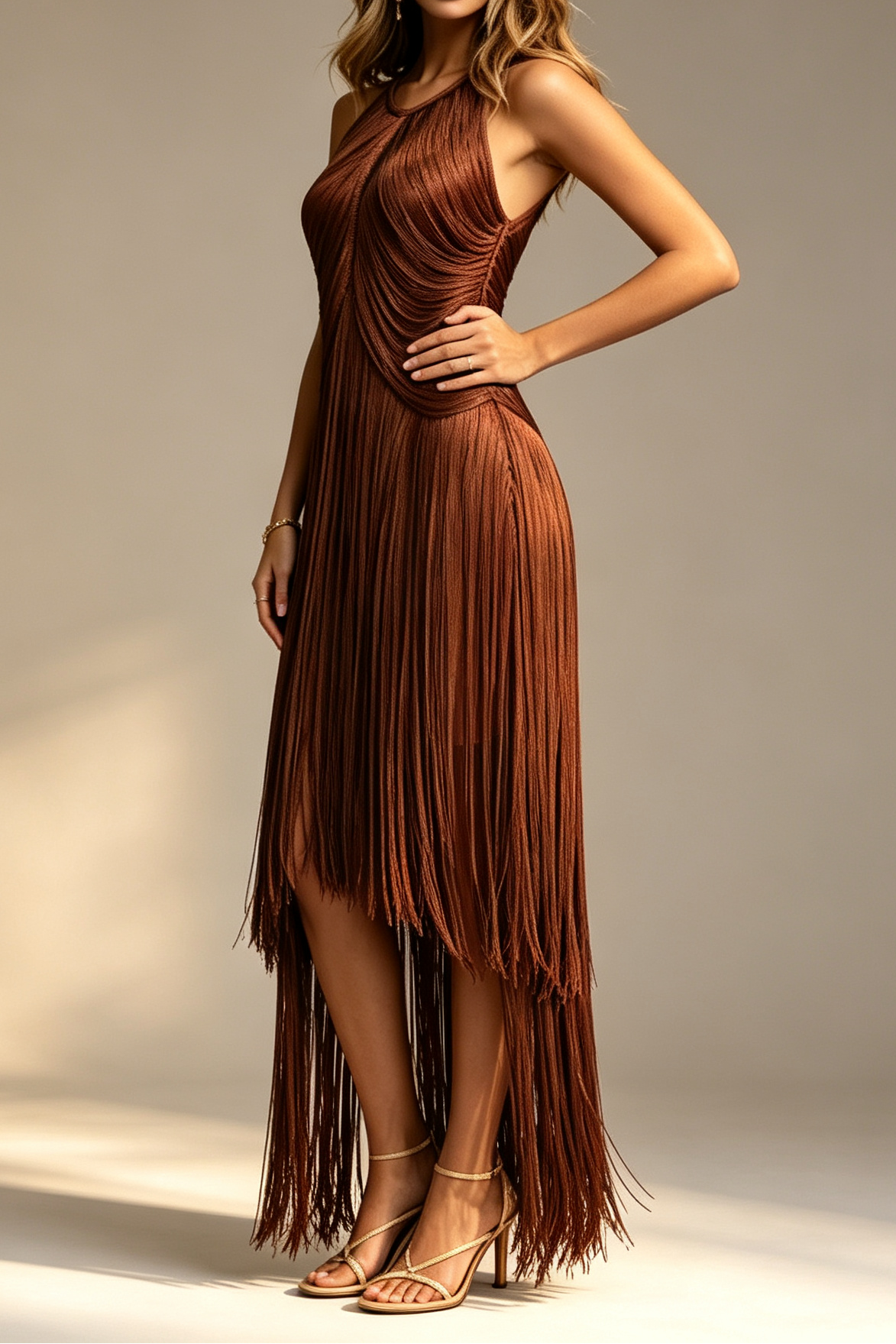 Chocolate Brown Halter Neck Draped Bodice Multi-Tier Long Fringe Bodycon Midi Party Dress - OWNCI