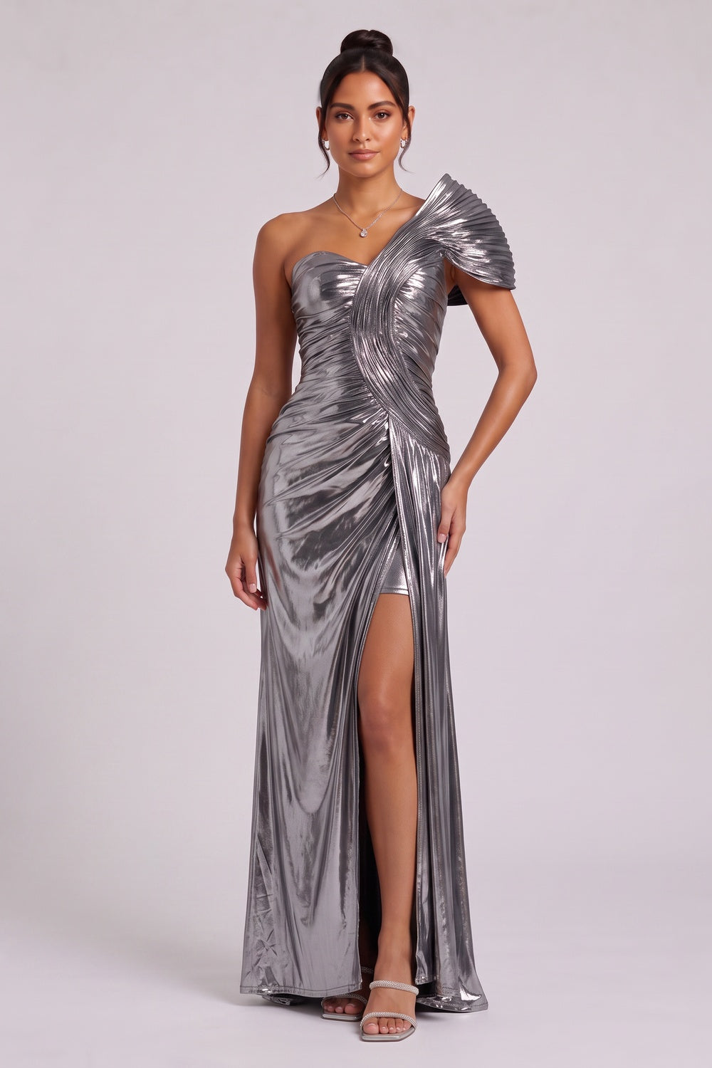 Silver Metallic One-Shoulder Draped Maxi Dress - OWNCI Silver Metallic One-Shoulder Draped Maxi Dress - OWNCI