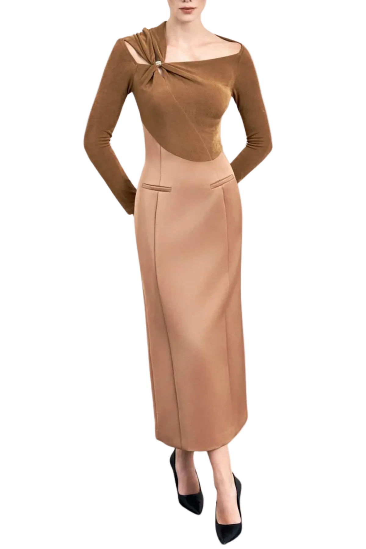 Samaro Asymmetric Cutout Panel Midi Dress – Brown - OWNCI Samaro Asymmetric Cutout Panel Midi Dress – Brown - OWNCI