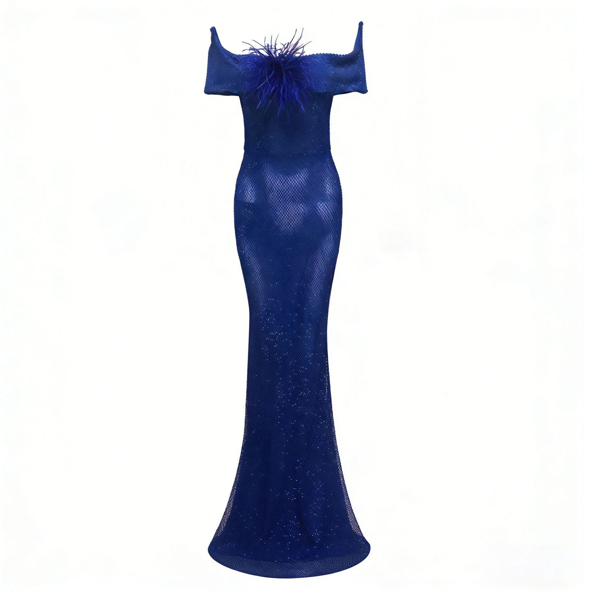 Riva Feather Embellished Hollowed Sequin Bodycon Maxi Dress In Blue - OWNCI Riva Feather Embellished Hollowed Sequin Bodycon Maxi Dress In Blue - OWNCI