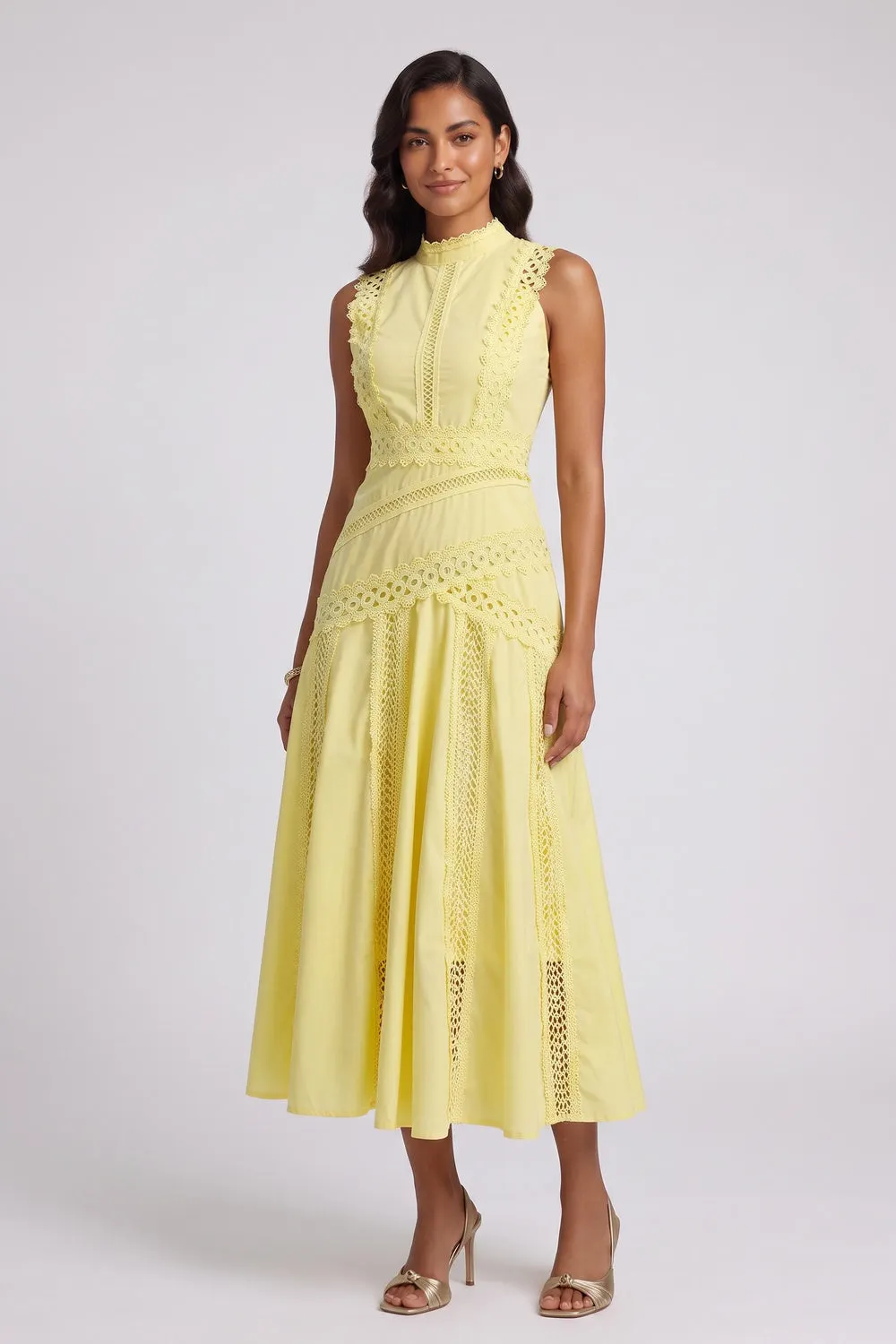 Yellow A-Line Midi Dress with Lace Inserts - OWNCI Yellow A-Line Midi Dress with Lace Inserts - OWNCI