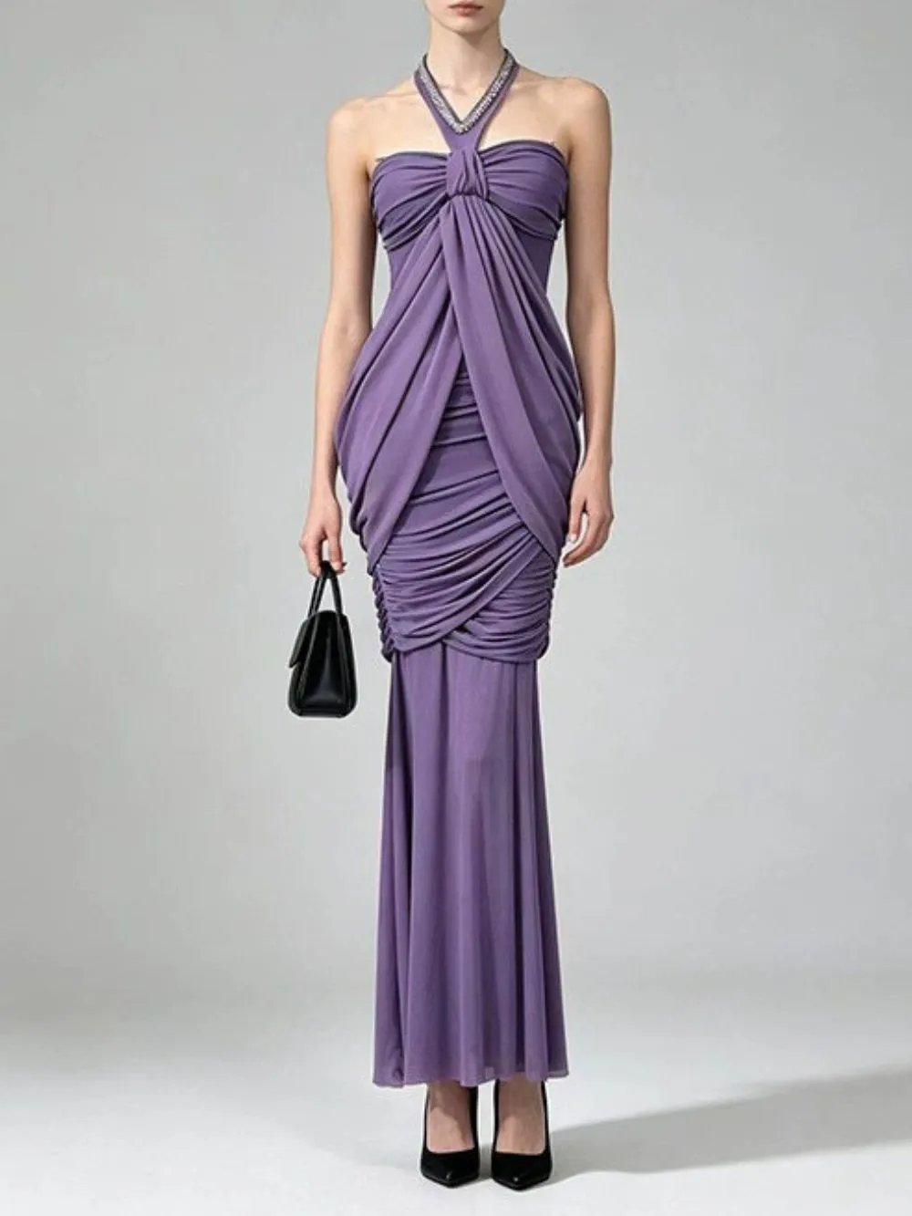 Halter Crystal Draped Corset Maxi Dress Purple - OWNCI Halter Crystal Draped Corset Maxi Dress Purple - OWNCI