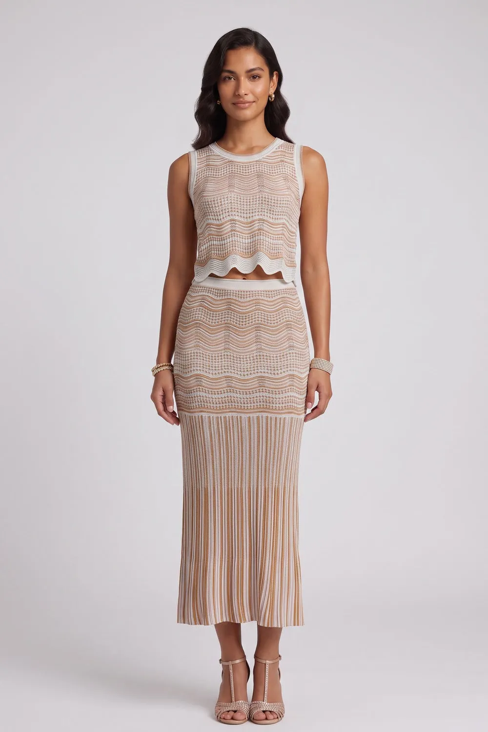Beige Pointelle Knit Fitted Column Two-Piece Set - OWNCI Beige Pointelle Knit Fitted Column Two-Piece Set - OWNCI