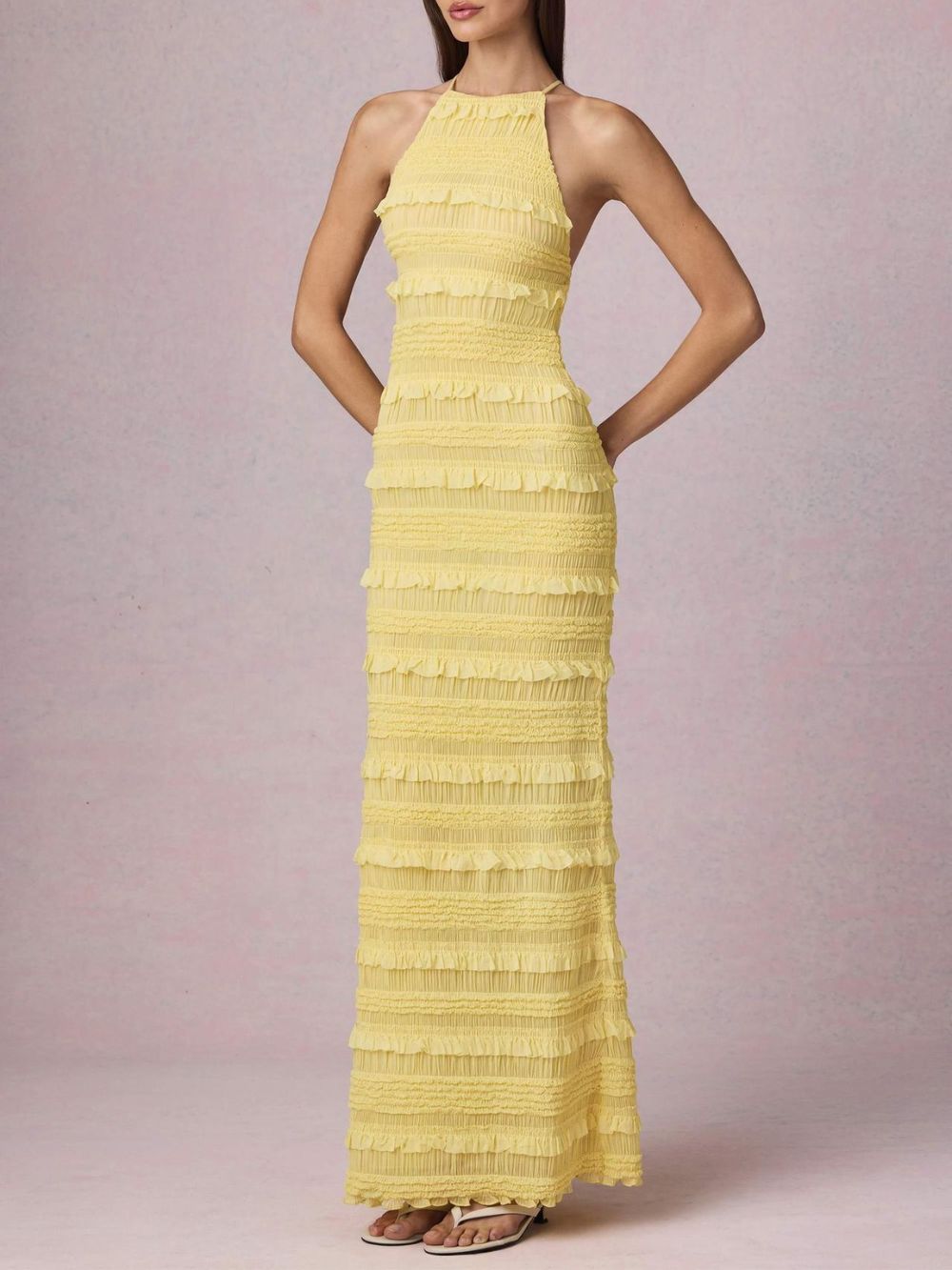 Mercedes Yellow Halter Ruffle Backless Maxi Dress - OWNCI