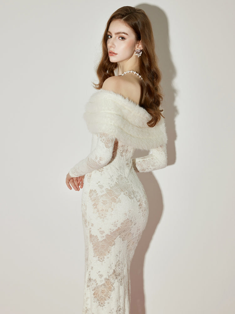 Julia Off-Shoulder Fur Collar Long Sleeve Lace Maxi Dress In White - OWNCI Julia Off-Shoulder Fur Collar Long Sleeve Lace Maxi Dress In White - OWNCI