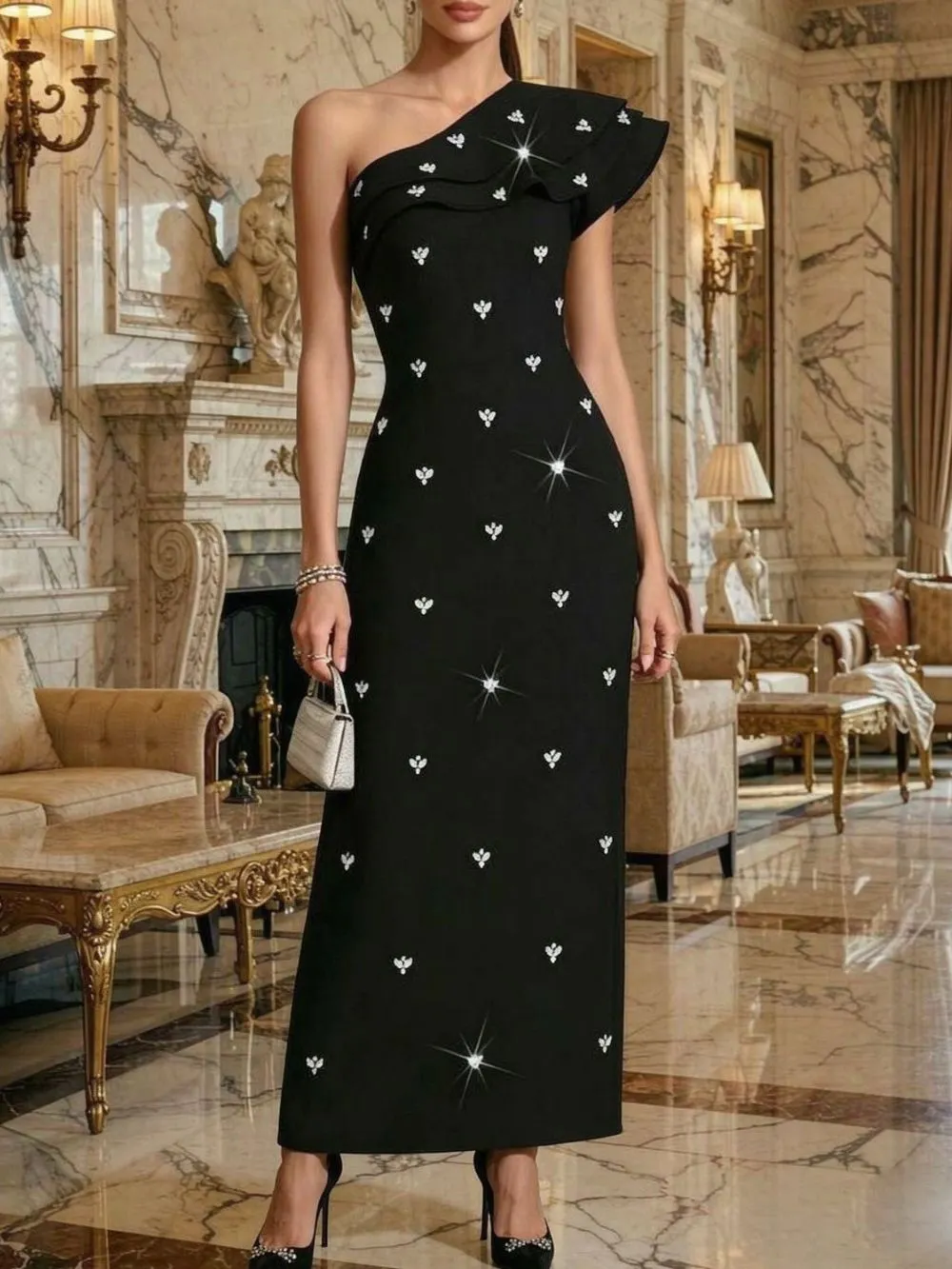 One Shoulder Ruffle Crystal Maxi Dress Black - OWNCI One Shoulder Ruffle Crystal Maxi Dress Black - OWNCI