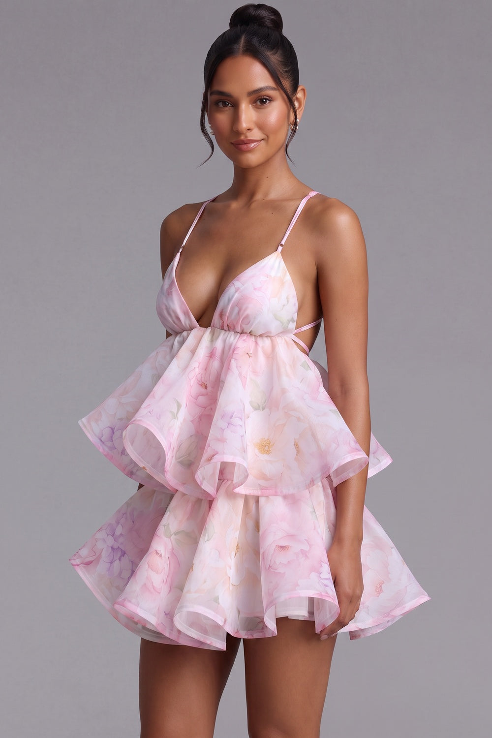 Light Pink Organza Floral A-Line Babydoll Mini Dress - OWNCI Light Pink Organza Floral A-Line Babydoll Mini Dress - OWNCI