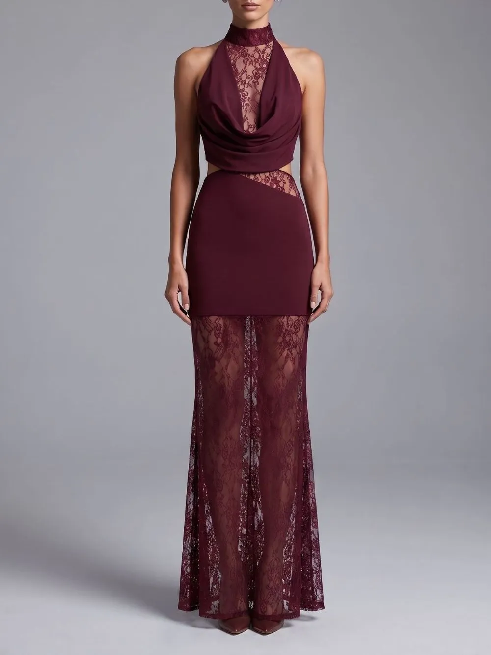 Milla Wine Halter Lace Maxi Dress - OWNCI Milla Wine Halter Lace Maxi Dress - OWNCI