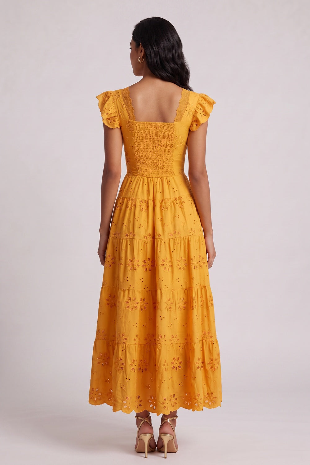 Scallop V-Neck Ruffle Sleeve Eyelet Tiered Midi Dress - OWNCI