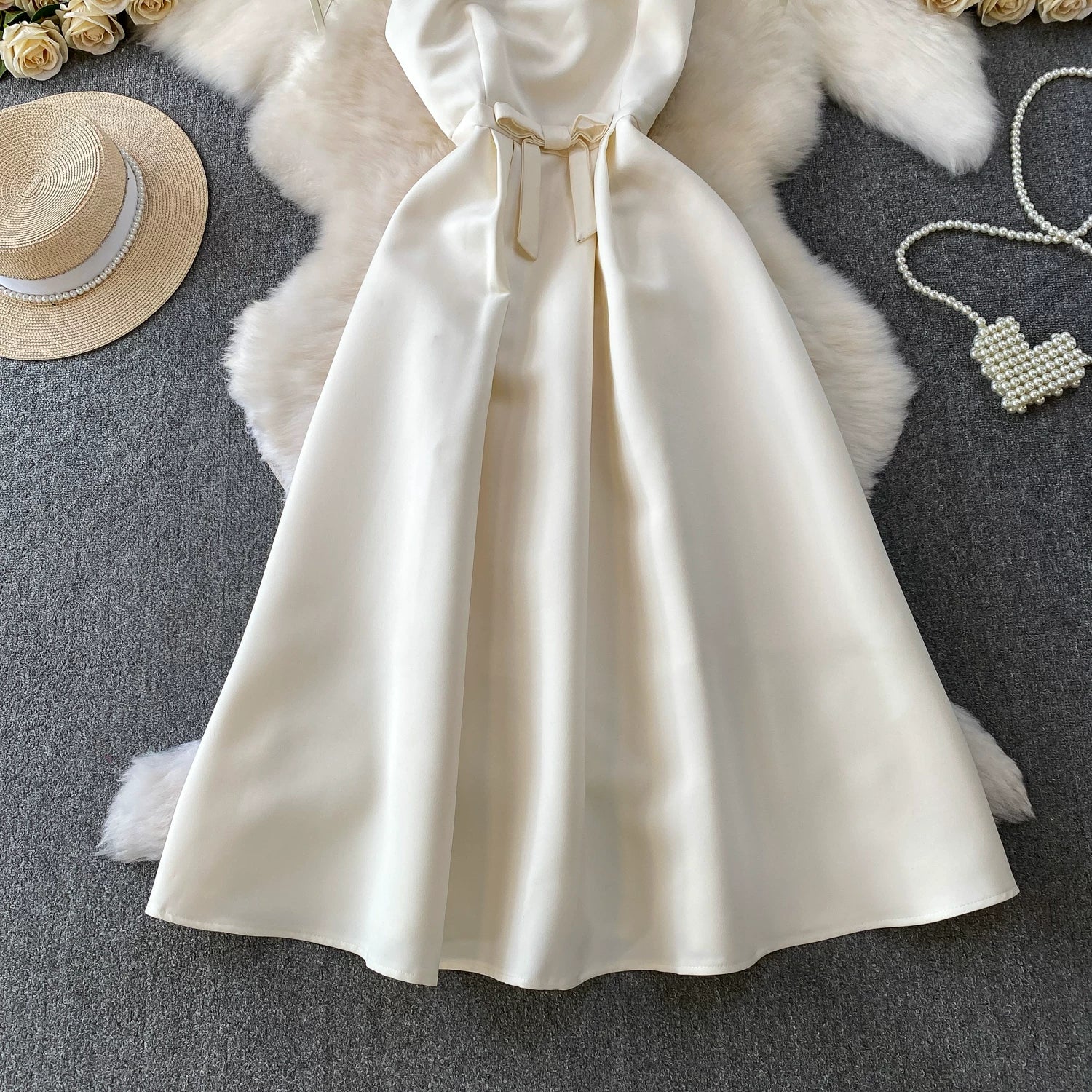 Crystal Trim Square Neck Sleeveless Bow Waist A-Line Midi Dress - OWNCI