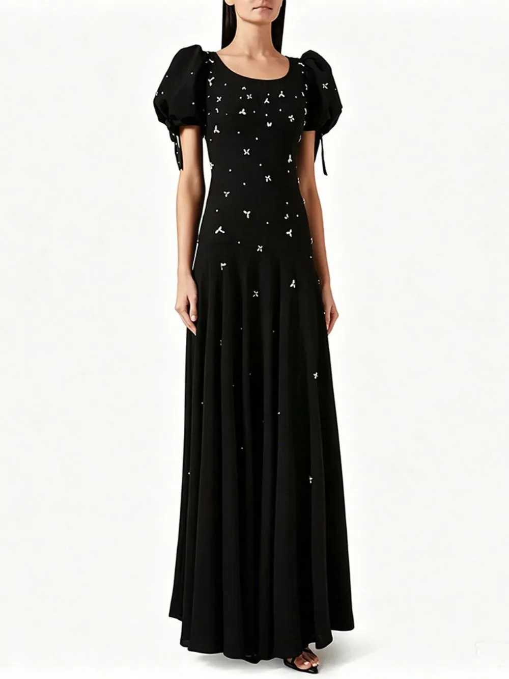 Short Sleeve Crystal A Line Maxi Dress Black - OWNCI Short Sleeve Crystal A Line Maxi Dress Black - OWNCI