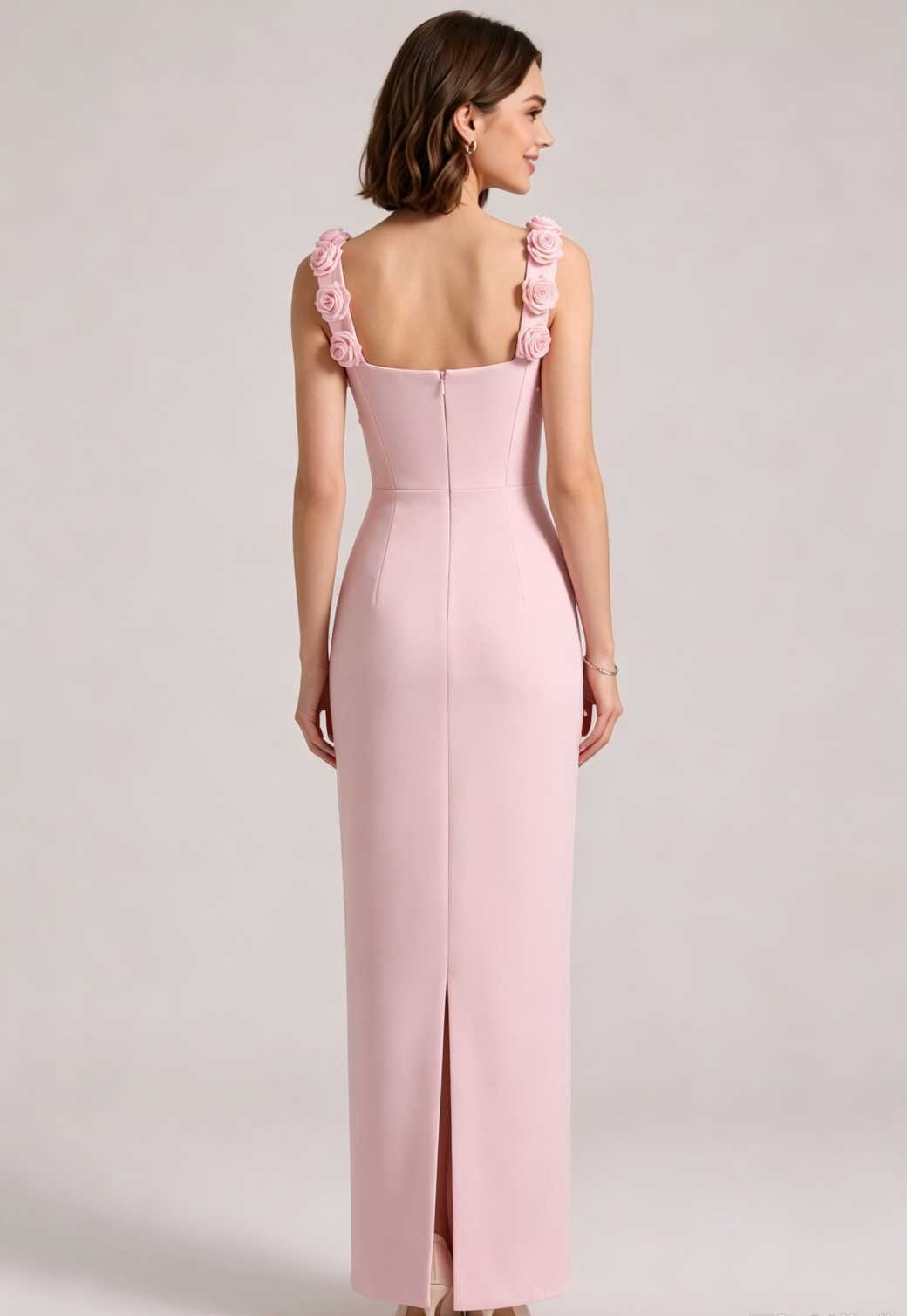 Pink 3D Rose Strap All Over Pearl Beaded Mermaid Maxi Gown - OWNCI
