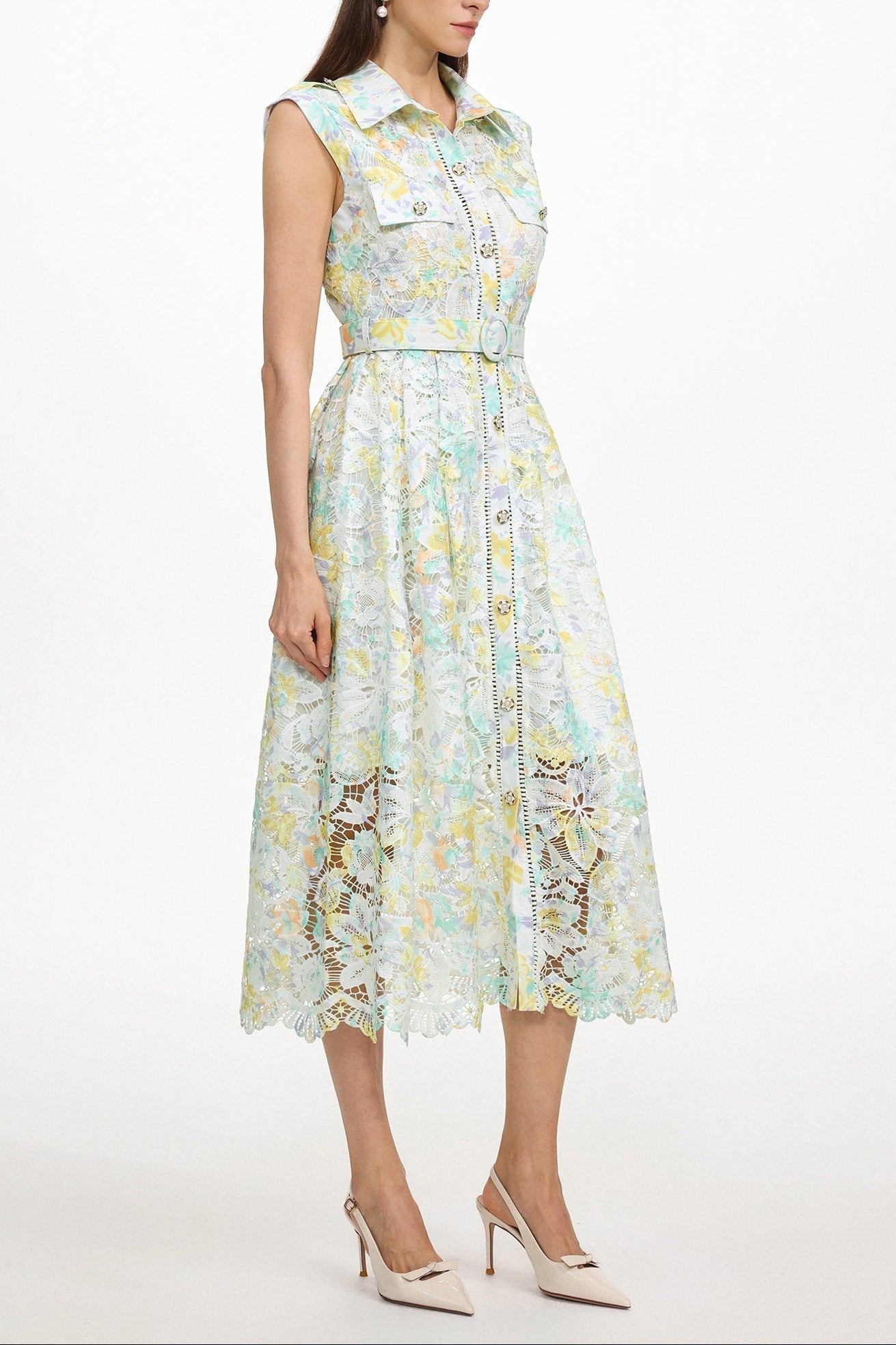 Viya Green Sleeveless Floral Print Lace Midi Dress - OWNCI