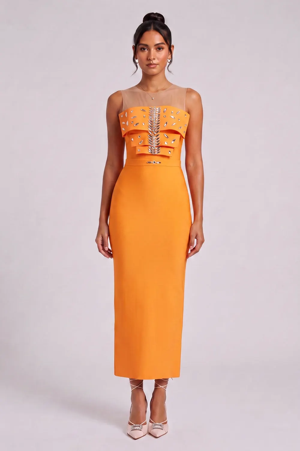 Orange Ruffle Embellished Midi Dress - OWNCI Orange Ruffle Embellished Midi Dress - OWNCI