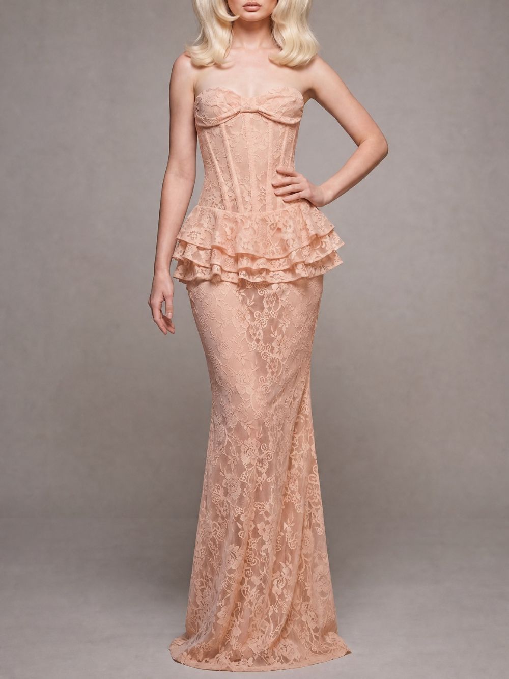 Strapless Nude Peplum Maxi Dress Nude Pink - OWNCI Strapless Nude Peplum Maxi Dress Nude Pink - OWNCI