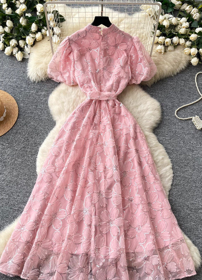 Light Pink Sheer Organza A-Line Midi Dress with Floral Applique - OWNCI Light Pink Sheer Organza A-Line Midi Dress with Floral Applique - OWNCI