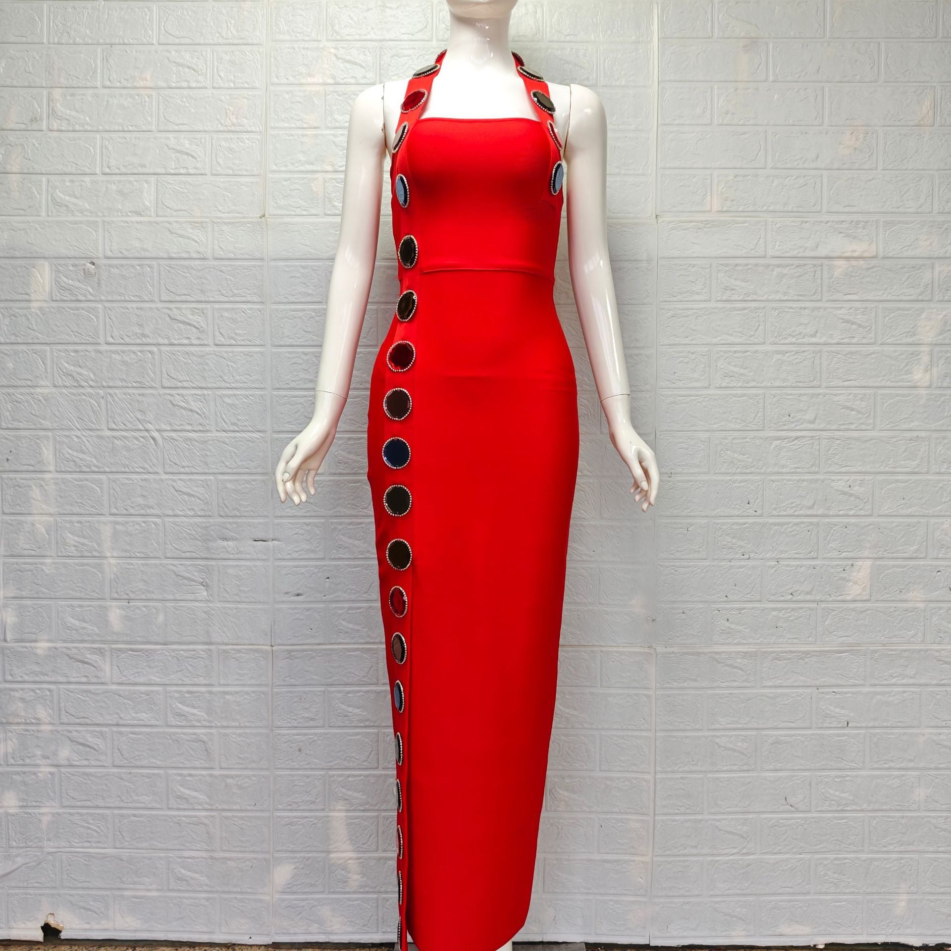 Red Heavy Stretch Crepe Column Dress - OWNCI