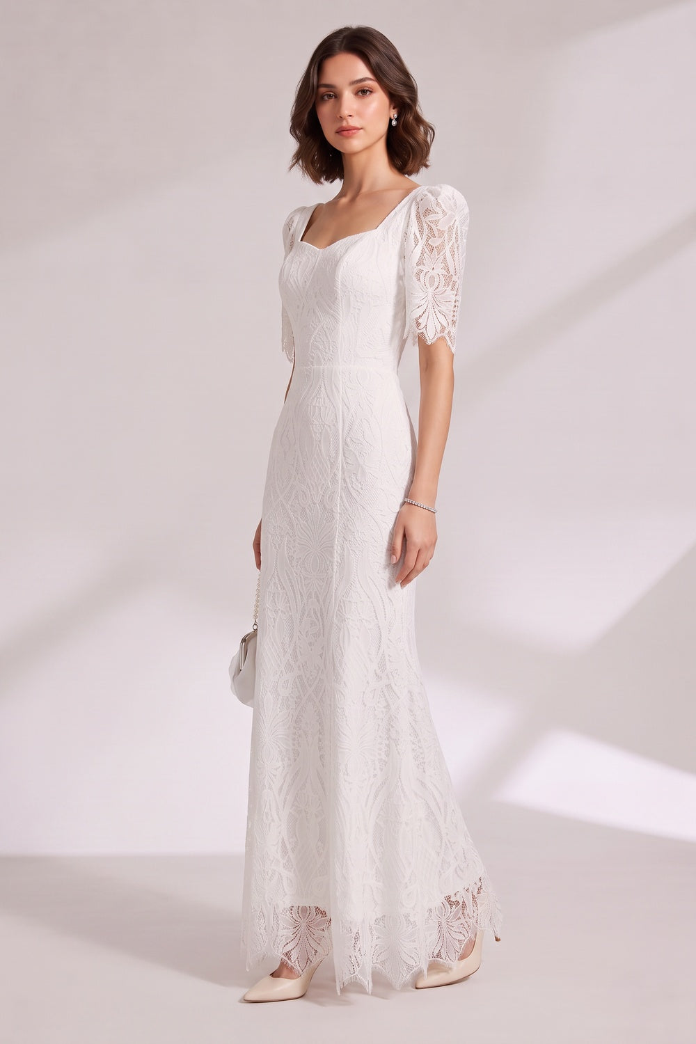 White Lace Floor-Length Dress with Puff Sleeves - OWNCI White Lace Floor-Length Dress with Puff Sleeves - OWNCI
