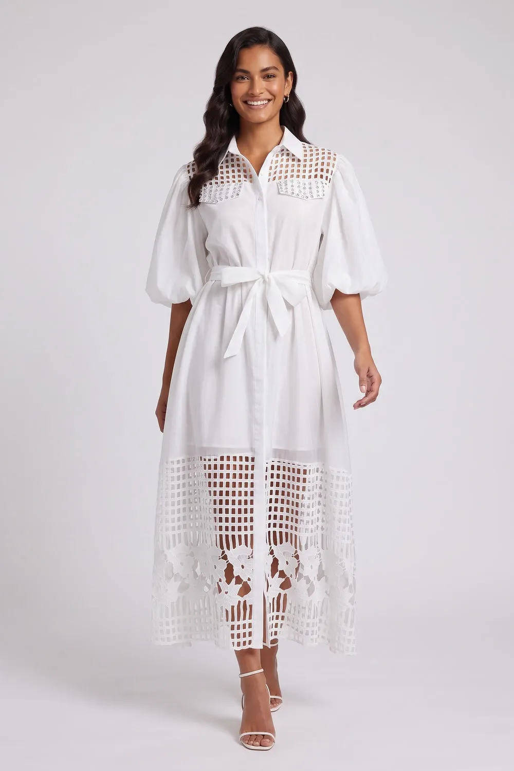 White A-Line Shirt Dress with Lace Panels and Puff Sleeves - OWNCI White A-Line Shirt Dress with Lace Panels and Puff Sleeves - OWNCI