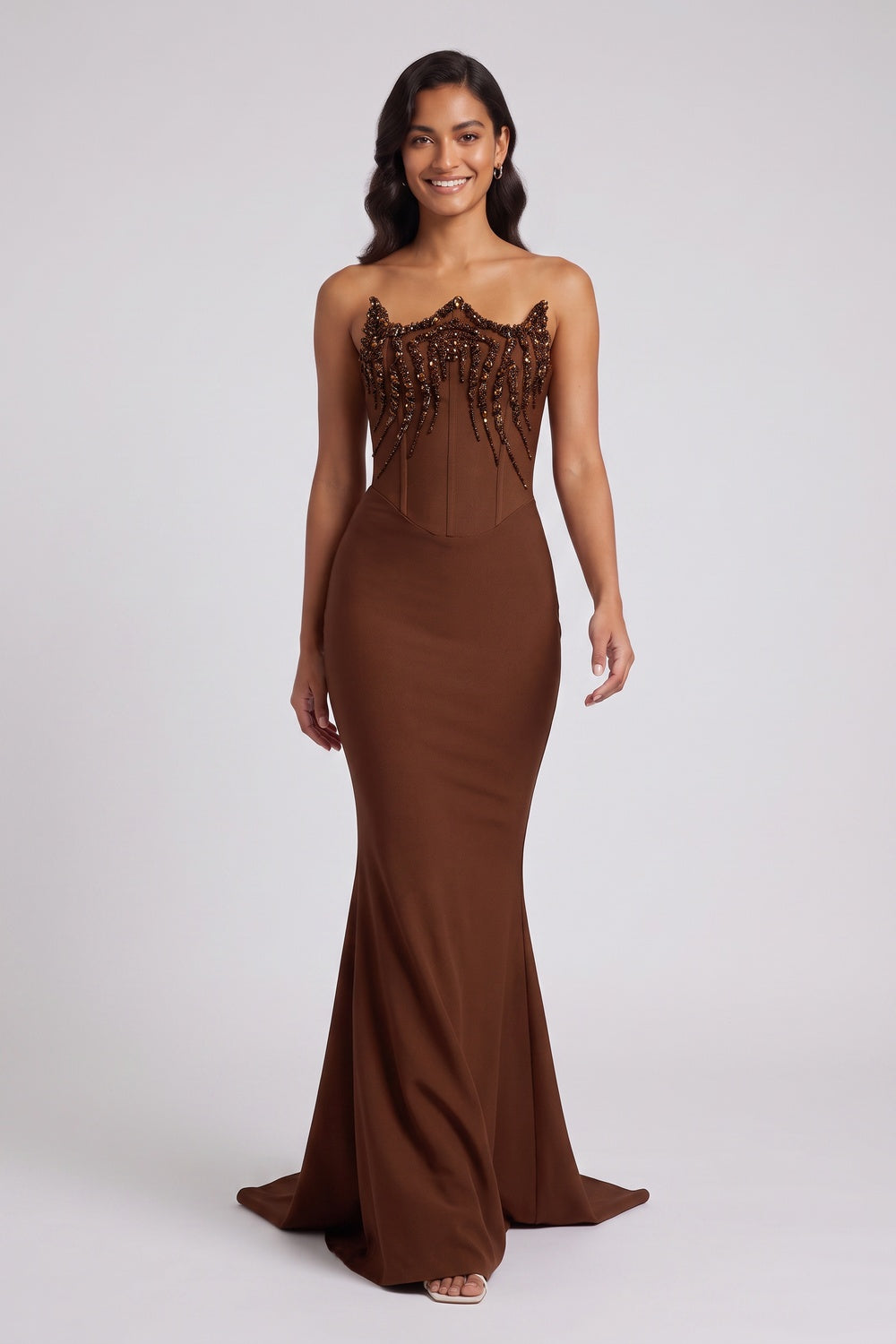 Brown Strapless Beaded Mermaid Evening Gown - OWNCI Brown Strapless Beaded Mermaid Evening Gown - OWNCI