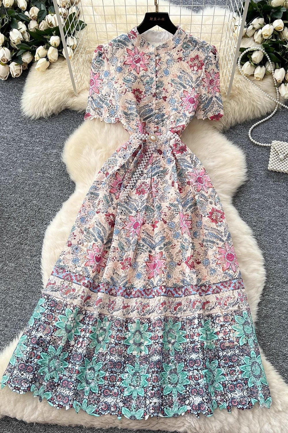 Cream Guipure Lace A-Line Dress - OWNCI