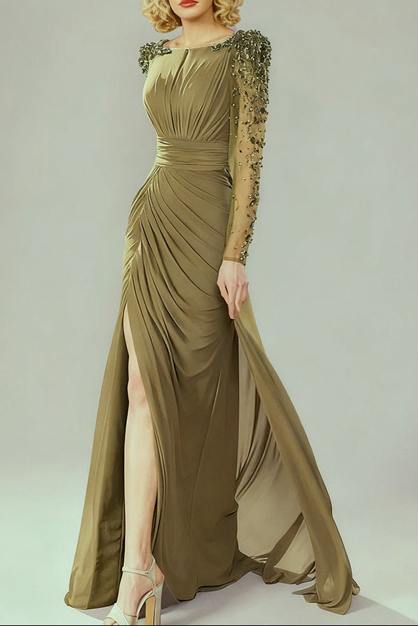 Nail Bead Set With Diamonds Small Trailing Long Dress Olive Green - OWNCI