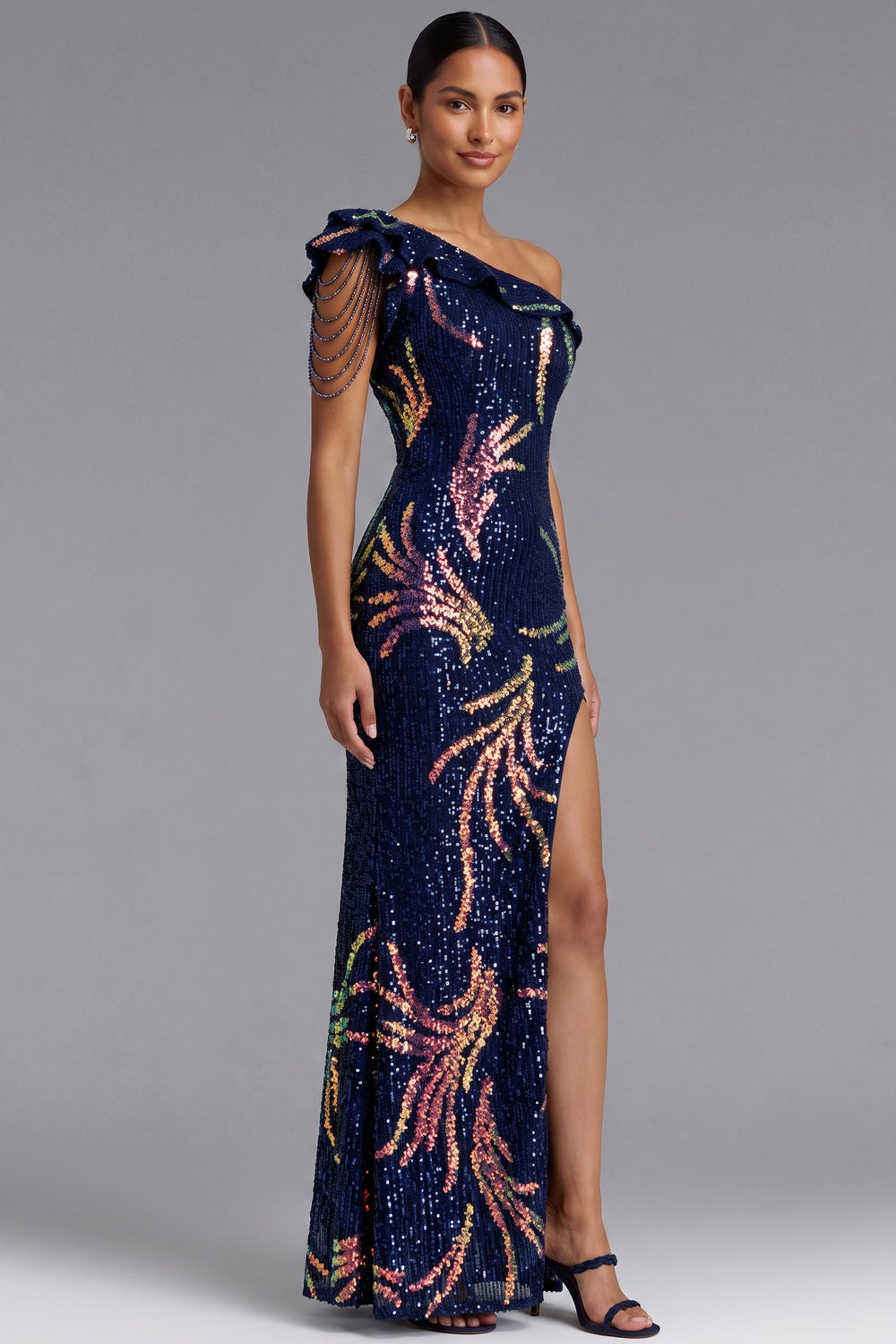 Navy Blue One-Shoulder Sequin Maxi Gown - OWNCI Navy Blue One-Shoulder Sequin Maxi Gown - OWNCI