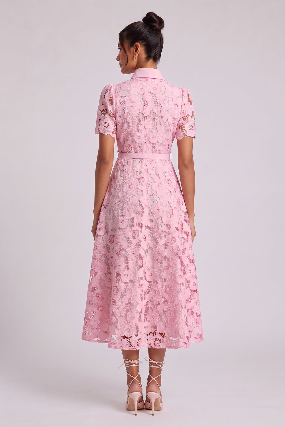 Light Pink Floral Lace A-Line Midi Dress - OWNCI Light Pink Floral Lace A-Line Midi Dress - OWNCI