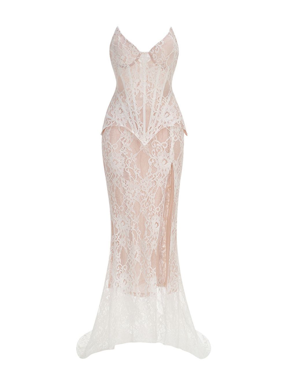 Strapless Lace Corset Two Piece Maxi Dress White - OWNCI Strapless Lace Corset Two Piece Maxi Dress White - OWNCI