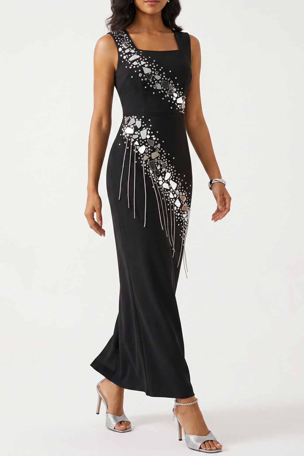 Sleeveless Square Neck Rhinestone Fringe Midi Bodycon Dress - OWNCI Sleeveless Square Neck Rhinestone Fringe Midi Bodycon Dress - OWNCI