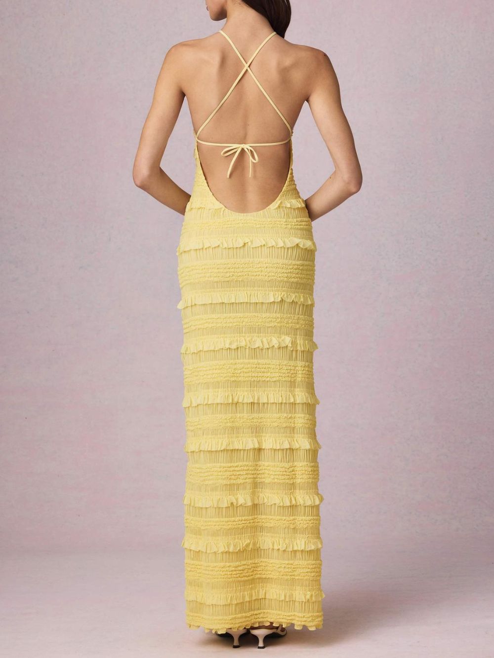 Mercedes Yellow Halter Ruffle Backless Maxi Dress - OWNCI