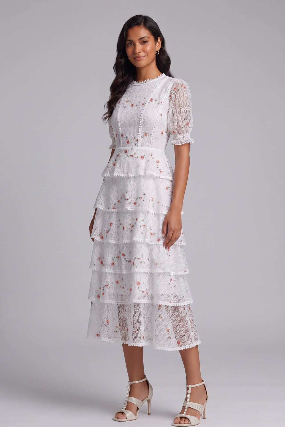 White Tiered Floral Midi Dress - OWNCI