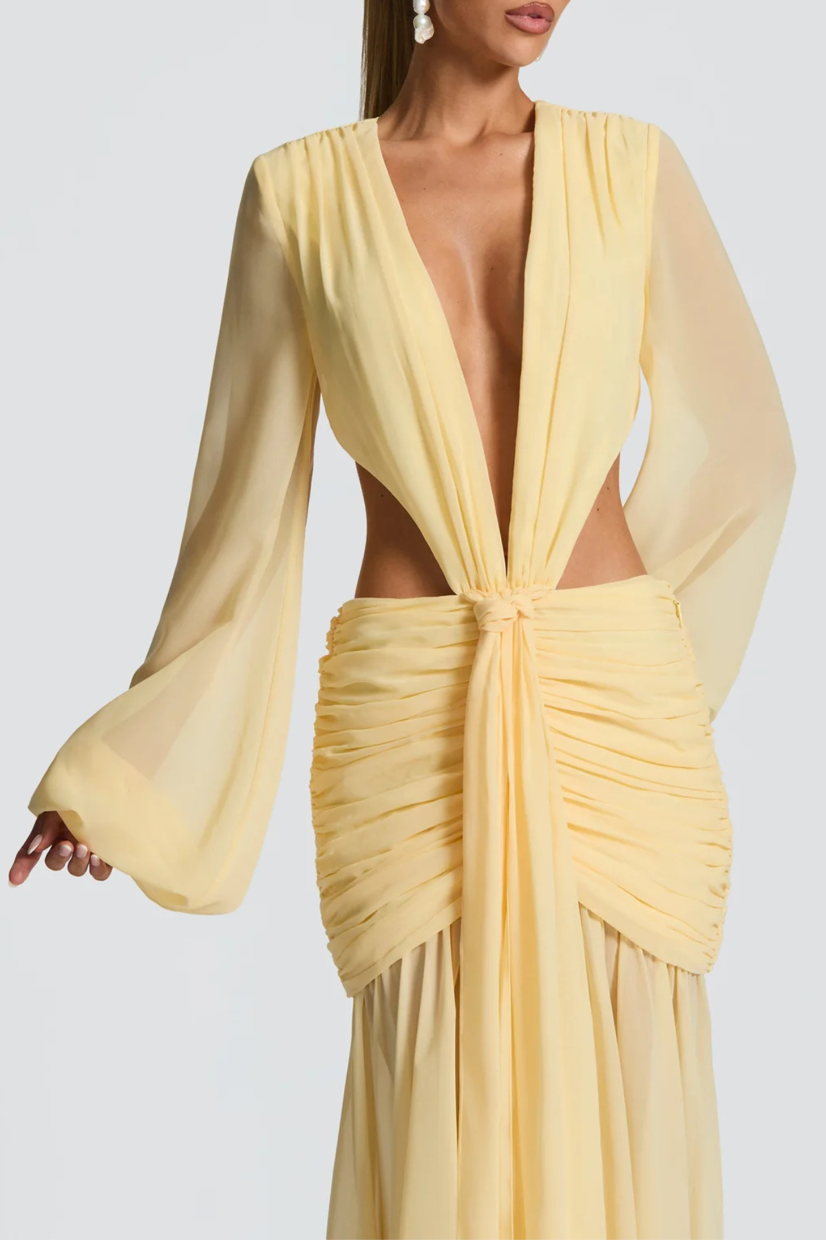 Roniny Cutout Chiffon Draped Maxi Dress – Yellow - OWNCI Roniny Cutout Chiffon Draped Maxi Dress – Yellow - OWNCI