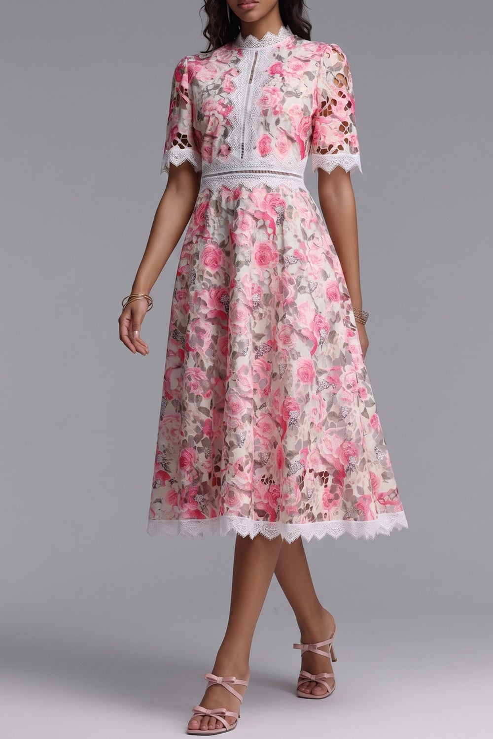 Pink Floral Cutwork Lace Midi Dress - OWNCI