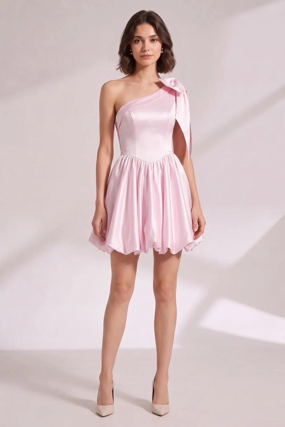 Light Pink One-Shoulder Mini Dress with Bow Detail - OWNCI Light Pink One-Shoulder Mini Dress with Bow Detail - OWNCI
