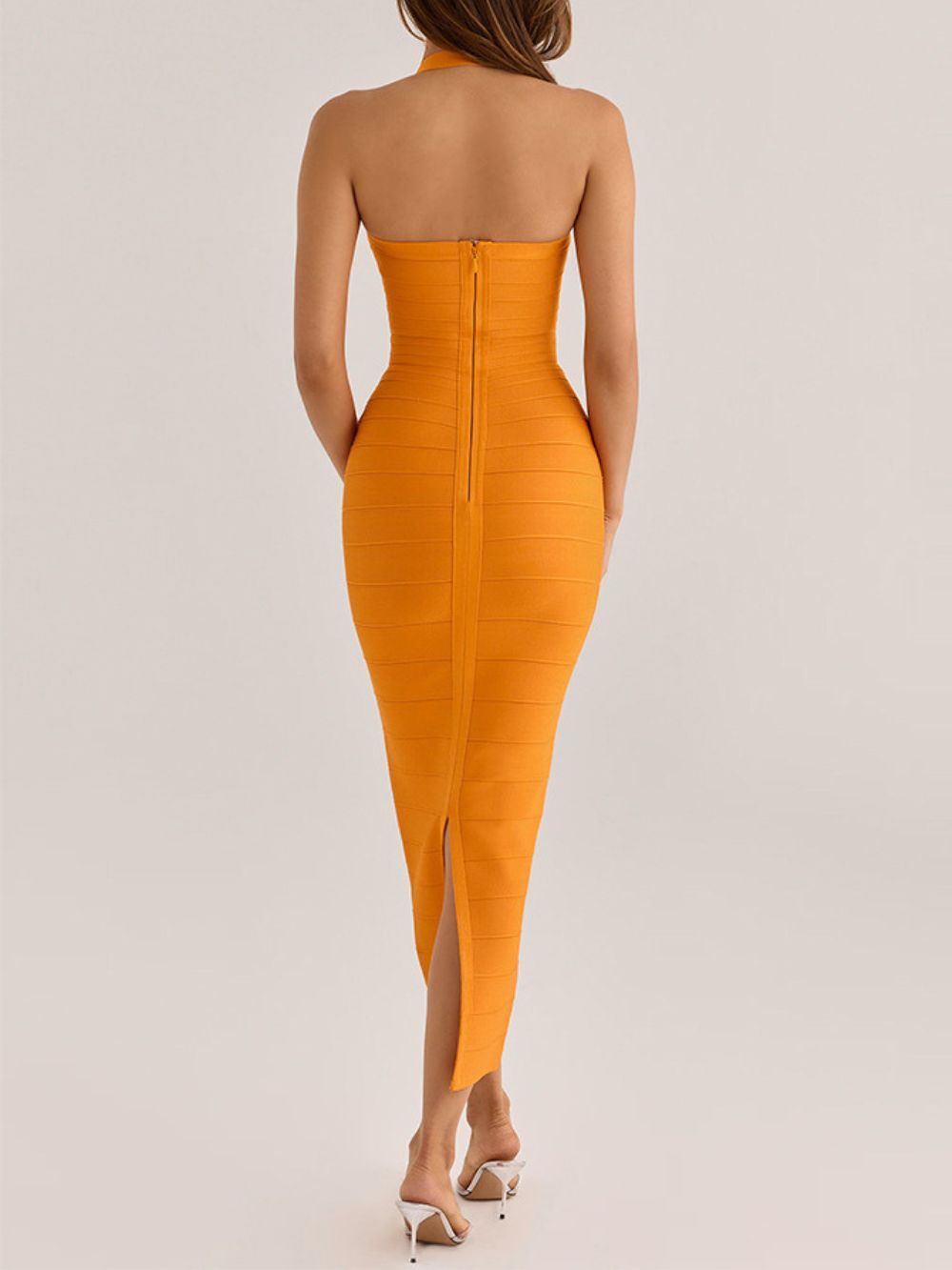 Orange Halter Midi Bandage Dress - OWNCI