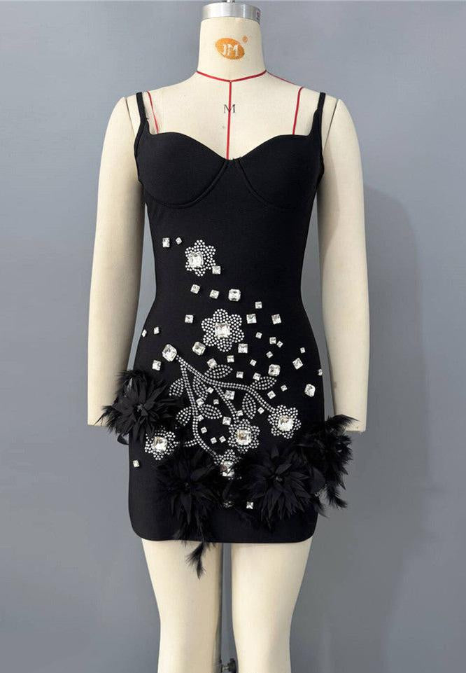 Hedy Rhinestone Feather Bandage Strappy mini Dress – Black - OWNCI