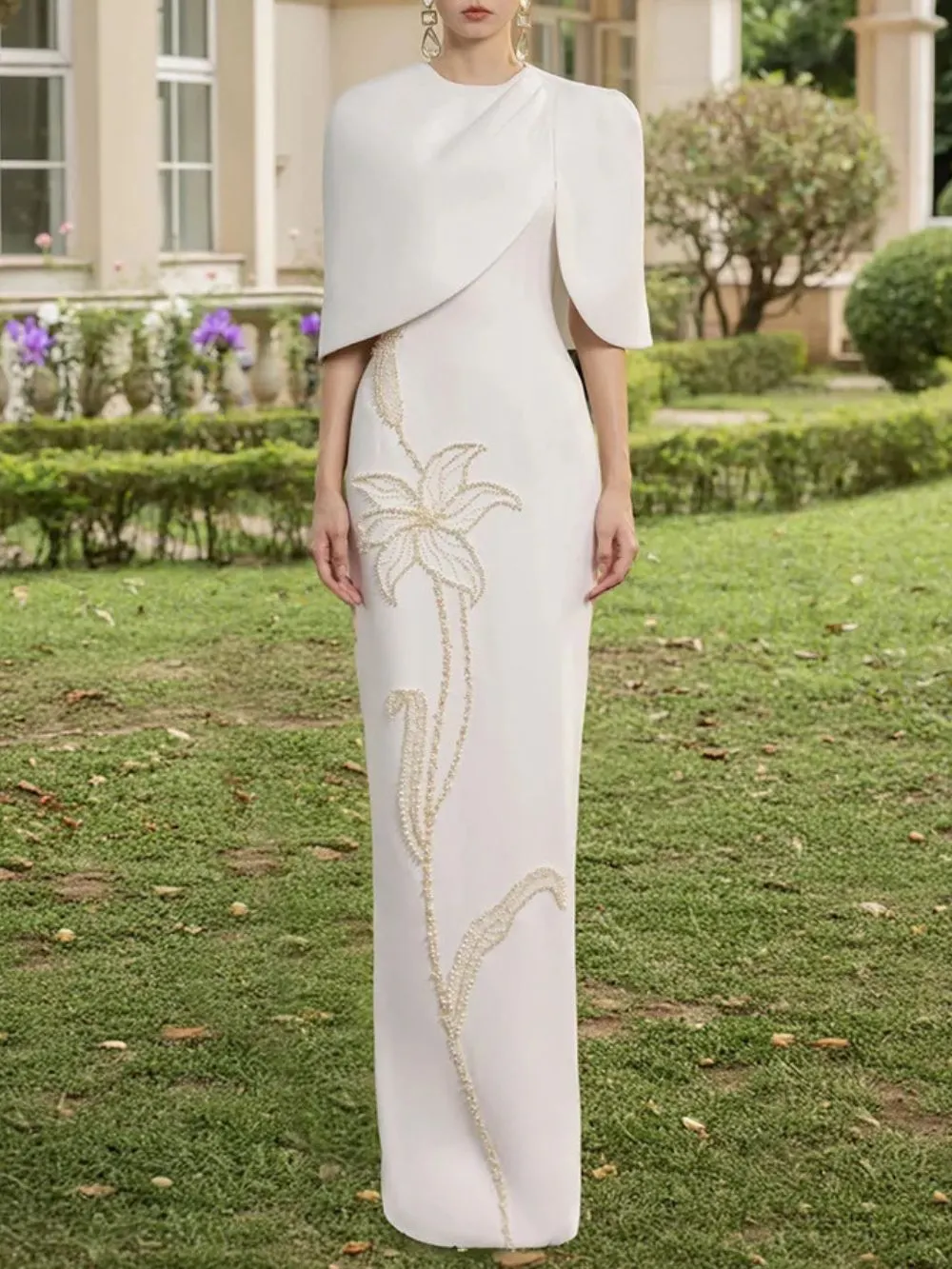 Cape Detail Floral Embellished Maxi Dress - OWNCI