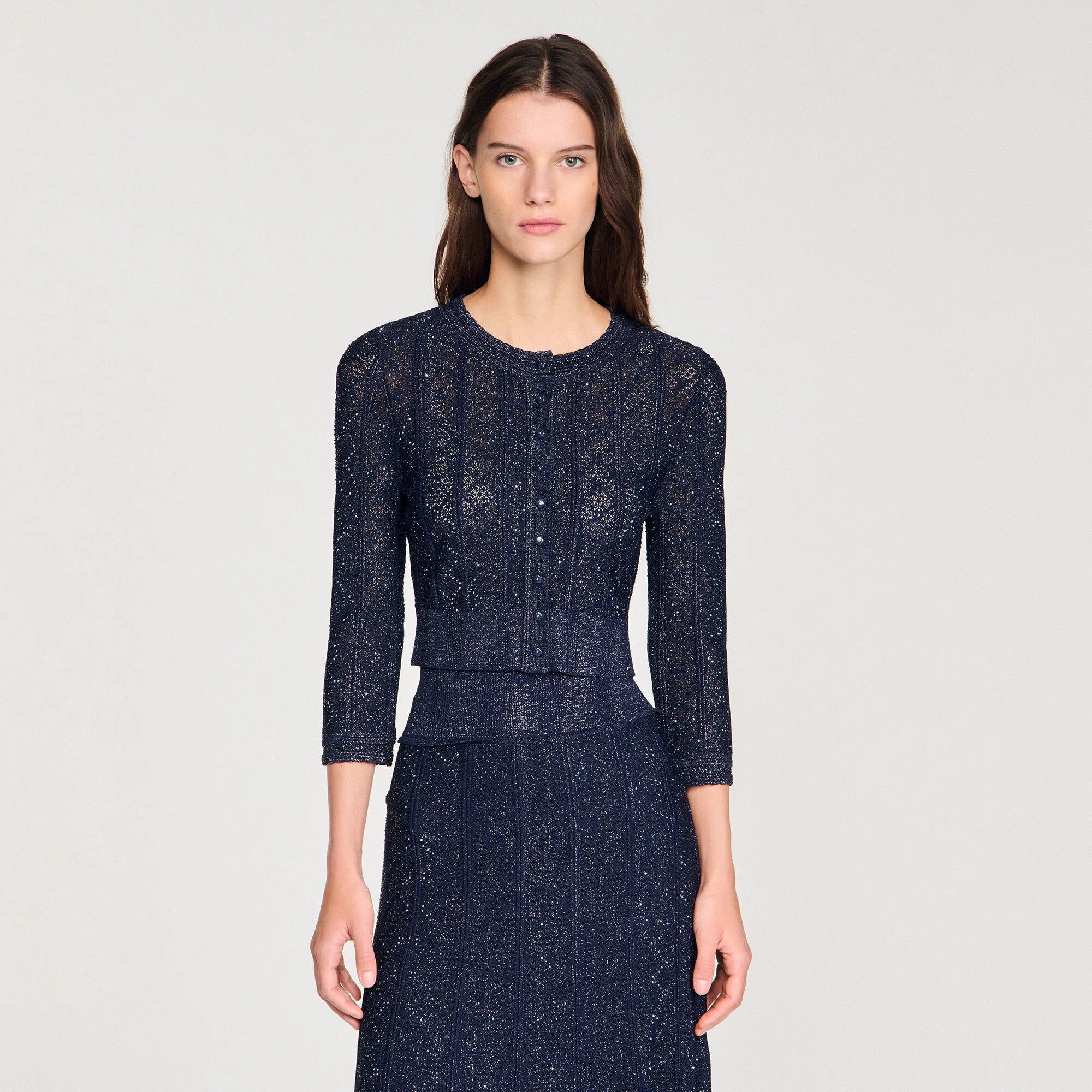 Alexandra Strass Knit Cropped Cardigan Set In Navy Blue - OWNCI Alexandra Strass Knit Cropped Cardigan Set In Navy Blue - OWNCI
