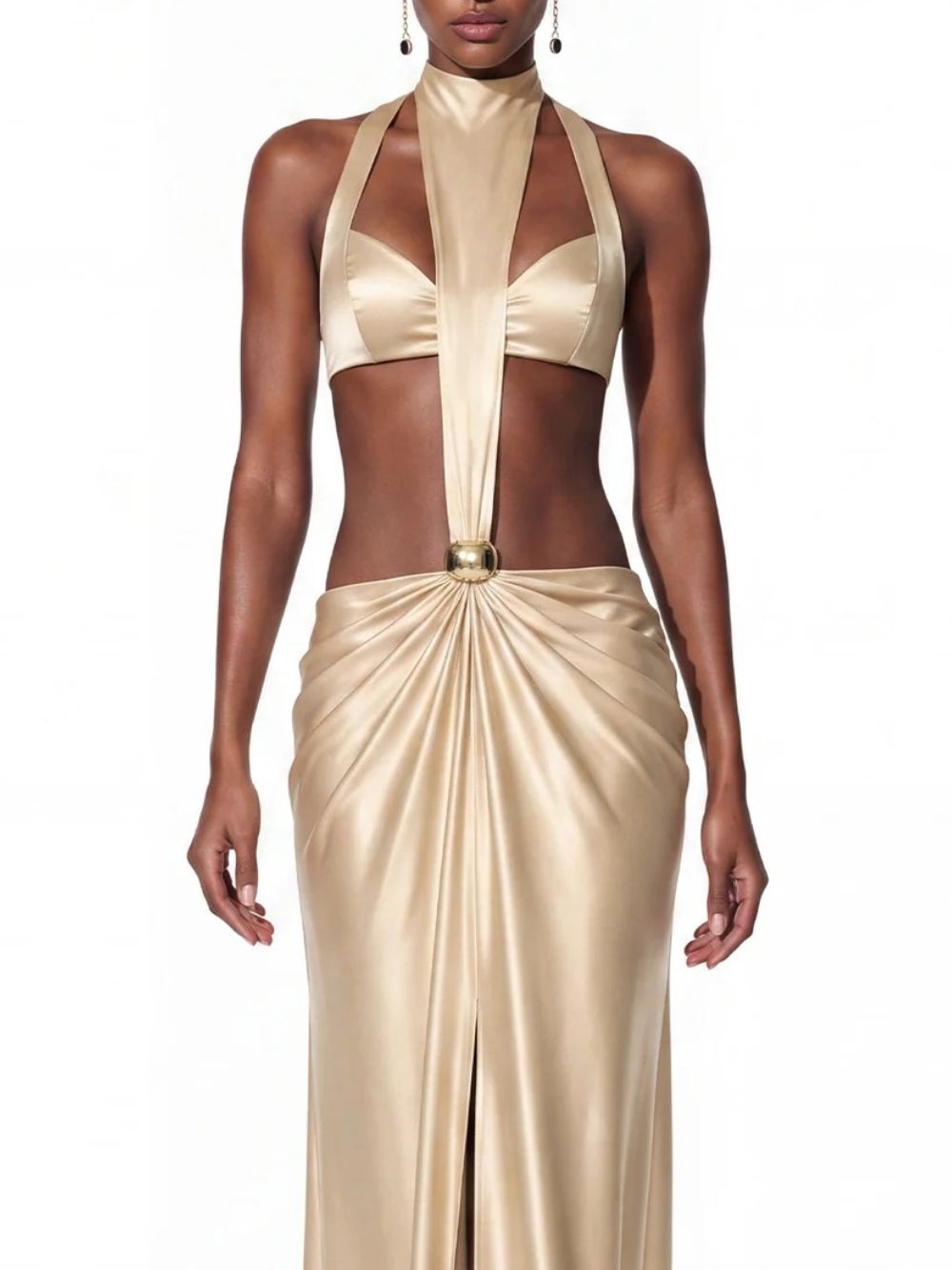 Brumel Cutout Ruched Satin Maxi Dress - OWNCI Brumel Cutout Ruched Satin Maxi Dress - OWNCI