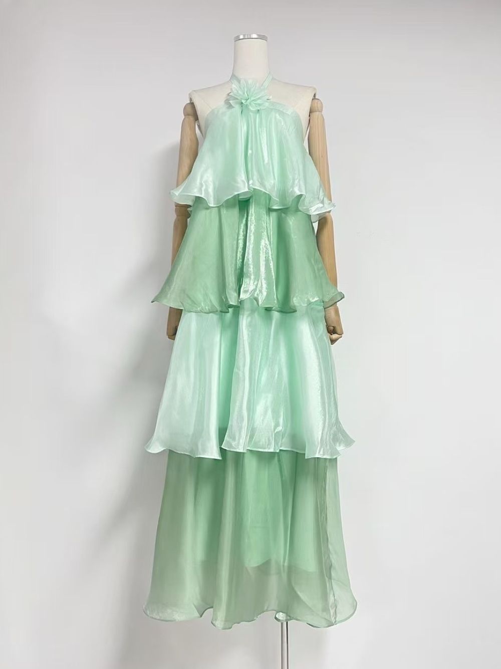 Melani Green Halter Layered Maxi Dress - OWNCI