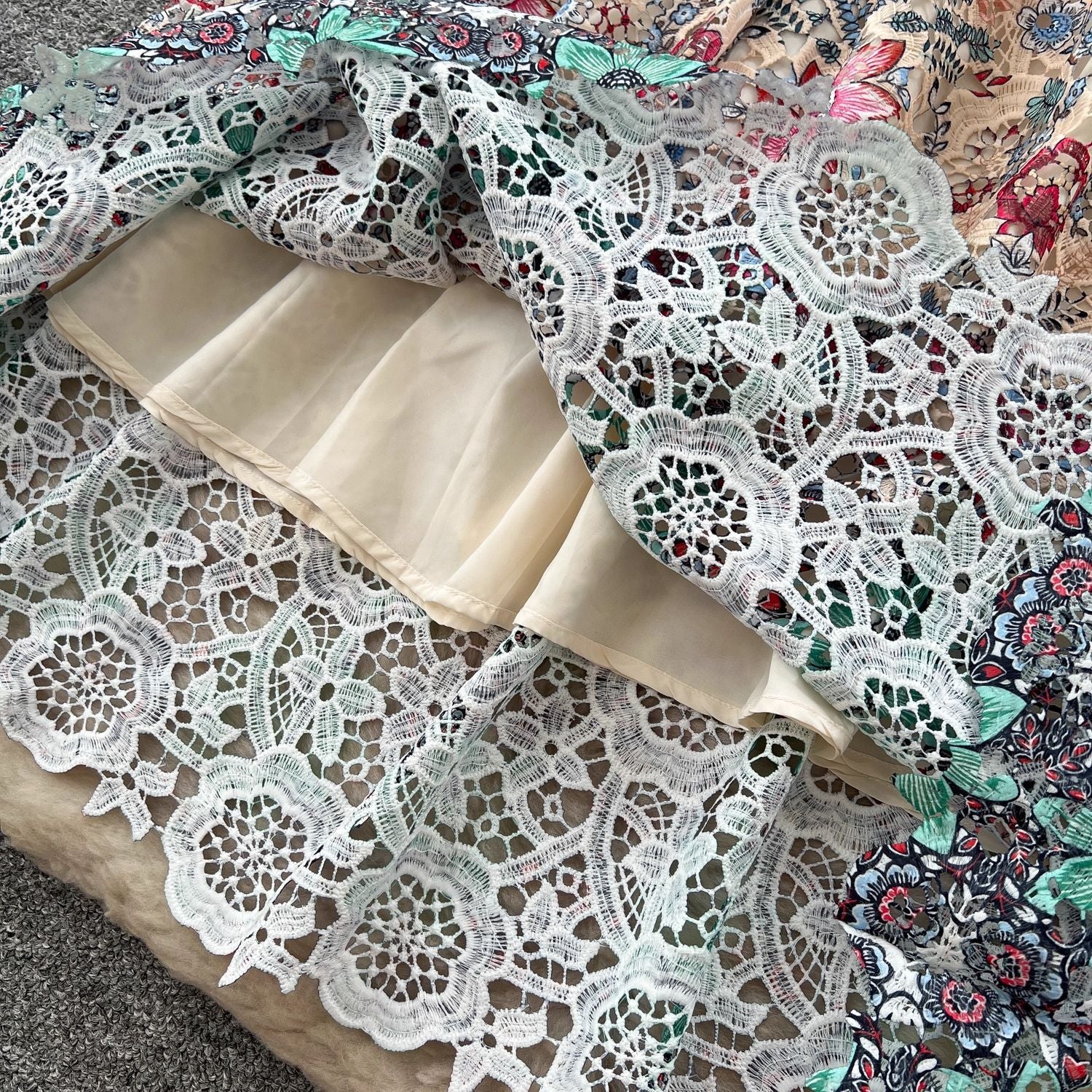 Cream Guipure Lace A-Line Dress - OWNCI