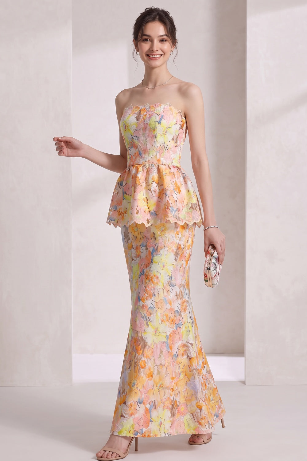 Yellow Laser-Cut Lace Column with Peplum Gown - OWNCI